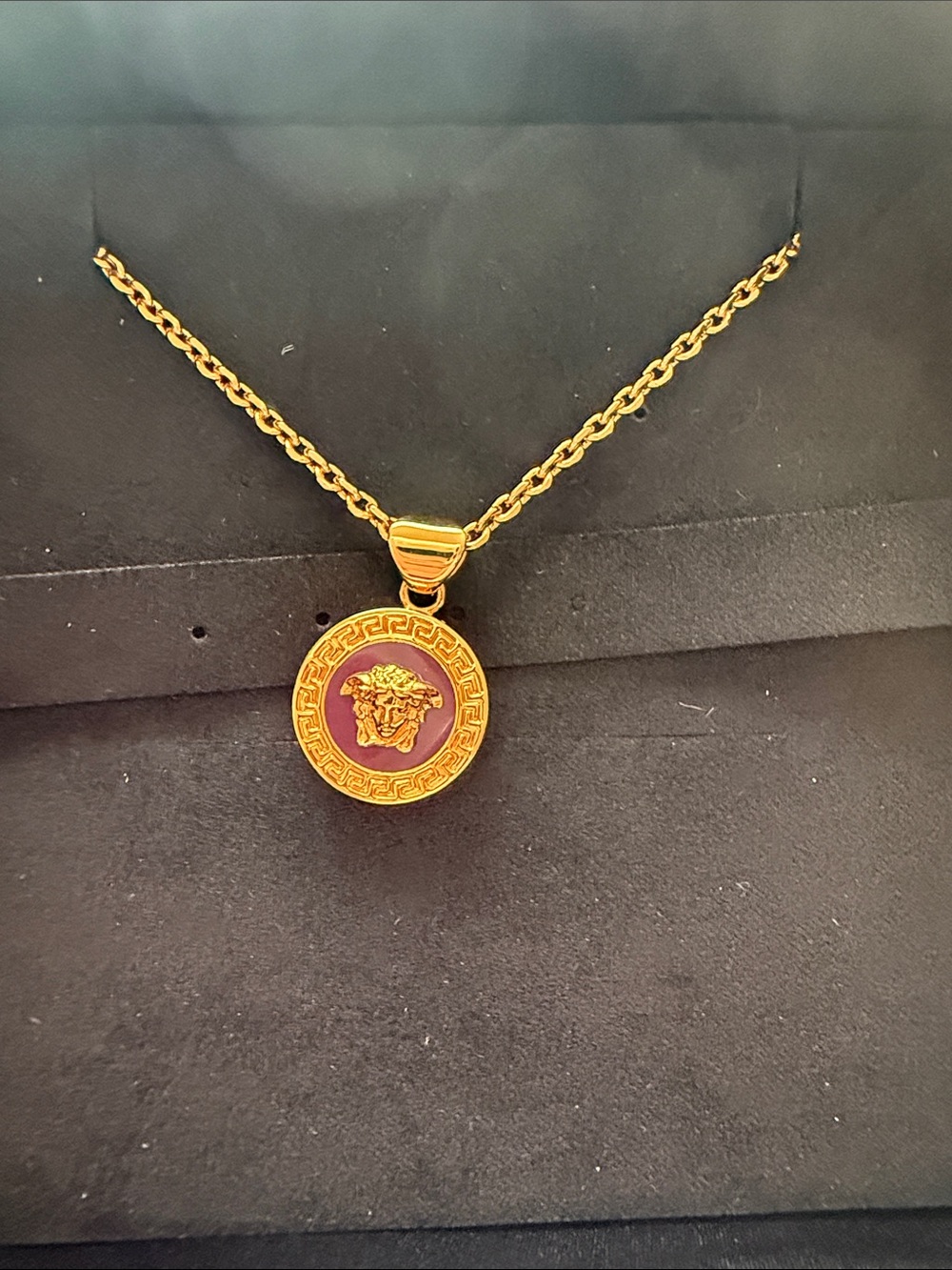Versace Medusa Medallion Necklace with Purple lavender enamel Center NEW